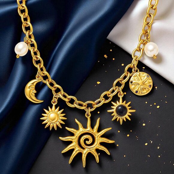 Boho Celestial 18K Gold Plated Sun Moon Charm Necklace 316L Stainless Steel - Picture 7 of 9